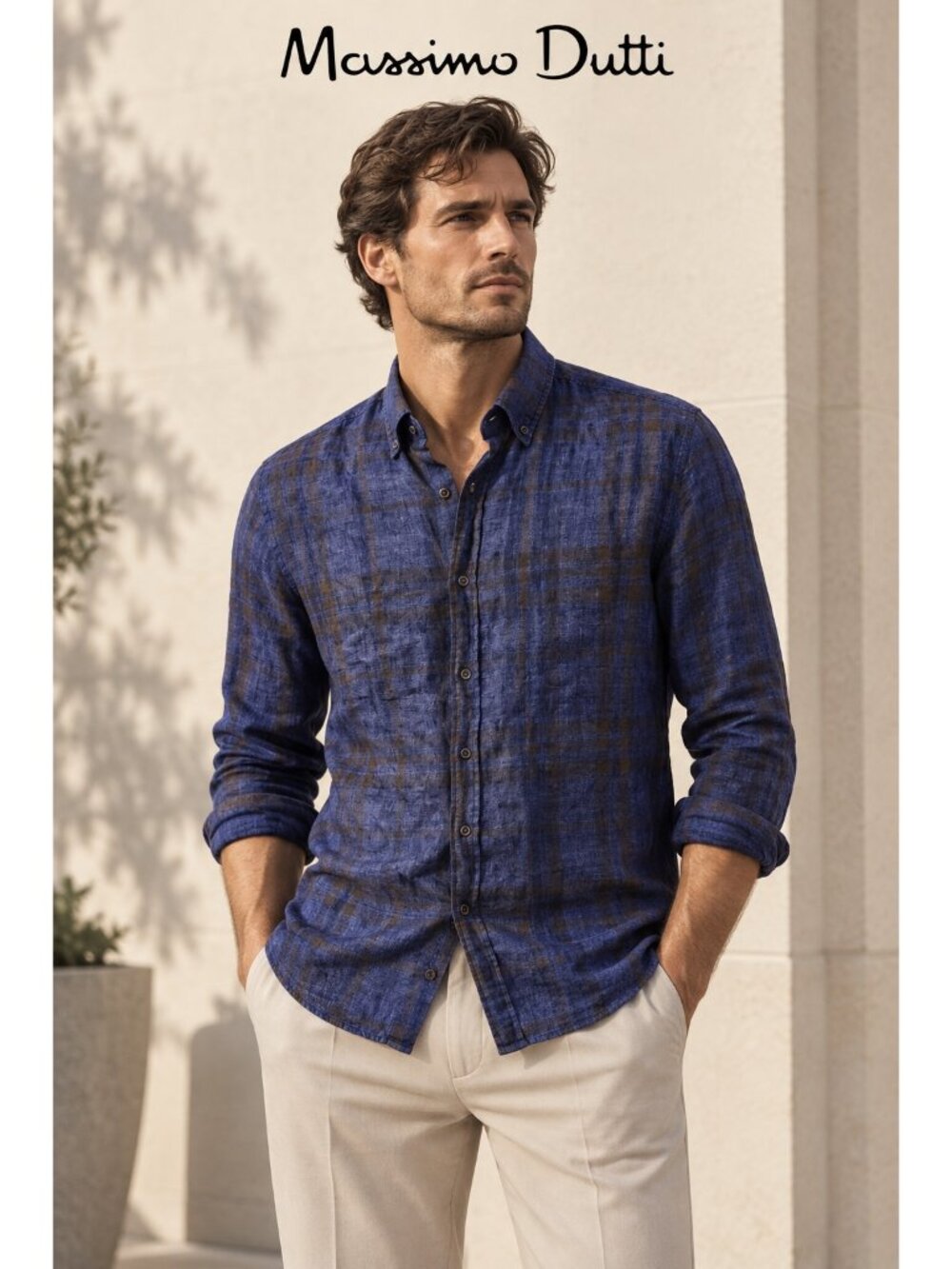 Massimo Dutti Men’s 100% Linen Blue Brown Plaid Button Down Shirt Size S